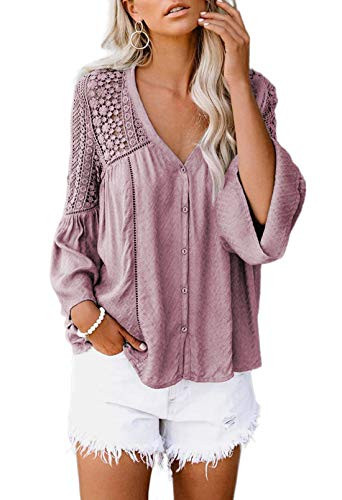 Aleumdr Women's Juniors Cute Lace Crochet V Neck Bell Sleeve Button Down Shirts Casual Loose Blouses Tops Pink X-Large 16 18