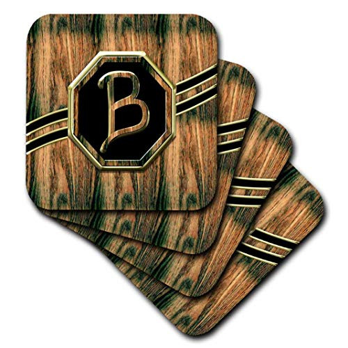 3D Rose Elegant Faux Gold and Wood Grain Monogram Letter B Soft Coasters Multicolor