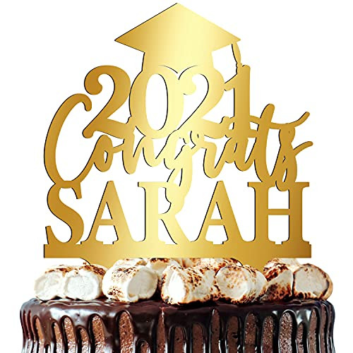 Personalized Graduation Cake Topper - Congrats Grad Cake Toppers w- Name and Date - Custom Acrylic Cake Decorations Class of 2021 Cake Topper for Graduation Party - 3 Mirrored Acrylic Colors