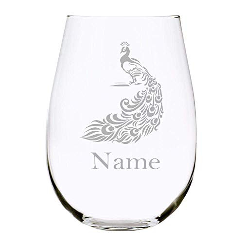 Peacock with name 17 oz. stemless wine glass
