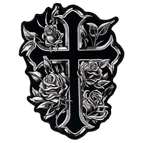 CROSS AND ROSES High Thread Embroidered Iron-On - Saw-On Heat Sealed Backing Rayon PATCH - 7" x 9"