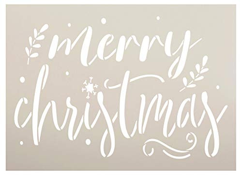 Merry Christmas Stencil by StudioR12  DIY Holiday Laurel Home Decor  Craft  and  Paint Wood Sign  Reusable Mylar Template  Winter Snow Cursive Script Gift  Select Size -18 inches x 13 inches-