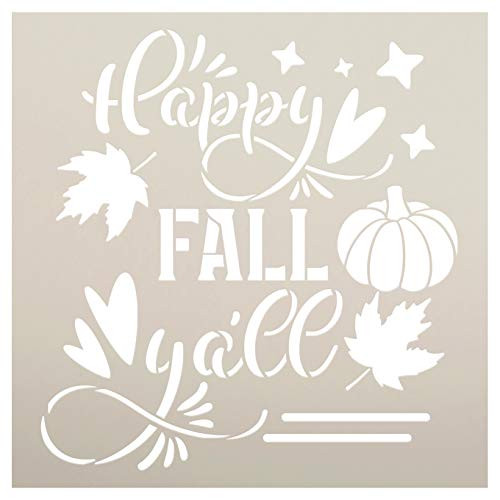 Happy Fall Yall Stencil by StudioR12  DIY Autumn Farmhouse Home Decor  Craft  and  Paint Wood Sign  Reusable Mylar Template  Leaves Heart Pumpkin Cursive Script  Select Size -18 inches x 18 inches-