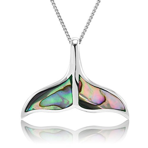 925 Sterling Silver Abalone Shell Whale Tail Pendant Necklace 18"