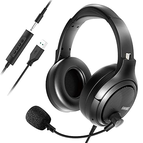 USB Headset-3.5mm Computer Headset with Microphone Noise Cancelling Flexible Over-Ear Earcups and Rotatable Boom Mic Wired PC Headset Comfort Office Headset for Laptop-Call Center-Cell Phone-Skype