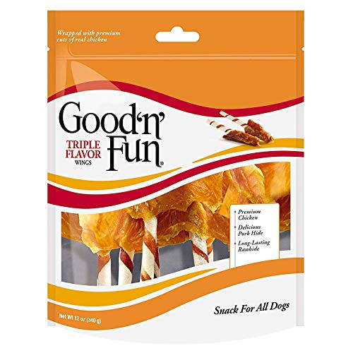 Good'n'Fun Triple Flavored Rawhide Wings for All Dogs 12 Ounce -3 Pack-
