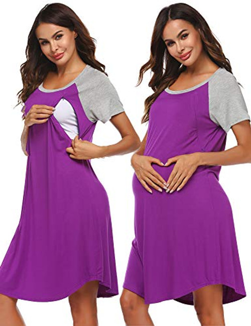 Ekouaer Nursing Nightgown Nightdress Hospital Gown Delivery-Maternity-Pregnancy Soft Breastfeeding Dress -Purple-L- Ekouaer Nursing Nightgown Nightdress Hospital Gown Delivery-Maternity-Pregnancy Soft Breastfeeding Dress -Purple-L-