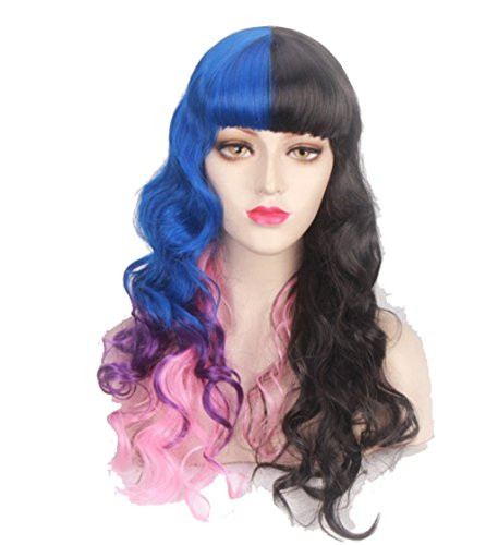 Touirch Long Costume Curly Wave Colorful Hair Wigs with Bangs Party Wig Cosplay Wigs -B-