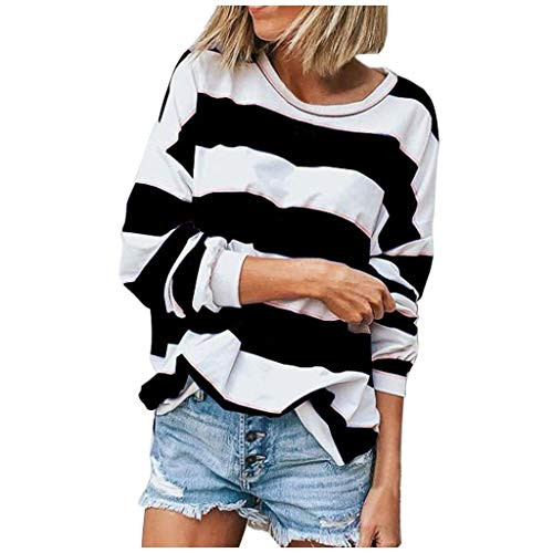 ESKNAS Womens Sweatshirt Ladies Autumn Striped Print Pullover Tops O Neck Long Sleeve T-Shirts Blouse -BlackXXL-