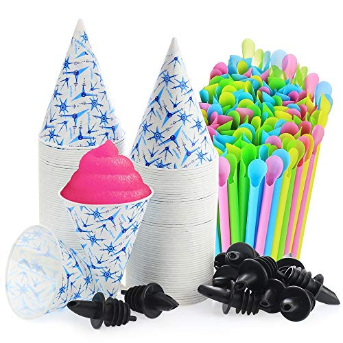 Set of 406- 200 Snow Cone Cups 6 Oz, and 200 Sno-Cone Spoon Drinking Straws, Assorted Neon Colors, and 6 Free Flow Pourers, (Renewed)