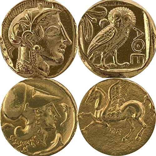 Golden Artifacts Percy Jackson Teen Gift Athena-Owl -Pegasus 2 Greek Coins of Athena Unique Gift Greek Mythology -PJ2 plus12-G- Golden Artifacts Percy Jackson Teen Gift Athena-Owl -Pegasus 2 Greek Coins of Athena Unique Gift Greek Mythology -PJ2 plus12-G-