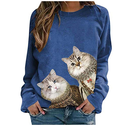 Dosoop Women Long Sleeve Cute Cat Printed O-Neck Tops Sweatshirt Casual Pullover Tunic Shirts Blouse