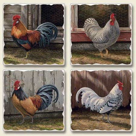 Barnyard Roosters Tumbled Tile Coasters, Set of 4
