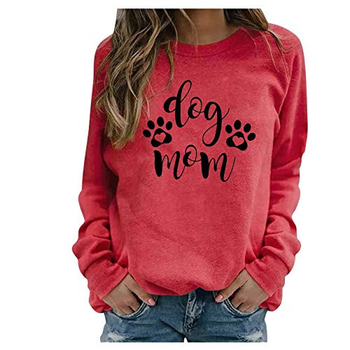Dosoop Women Casual Long Sleeve Dog Paw Print O-Neck Tops Tees Shirt Blouse Dog Mom Graphic Pullover