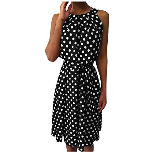 Bravetoshop Women's Summer Sleeveless Dresses Polka Dot Printed Halter Bandage Beach Party Mini Dress -BlackL-