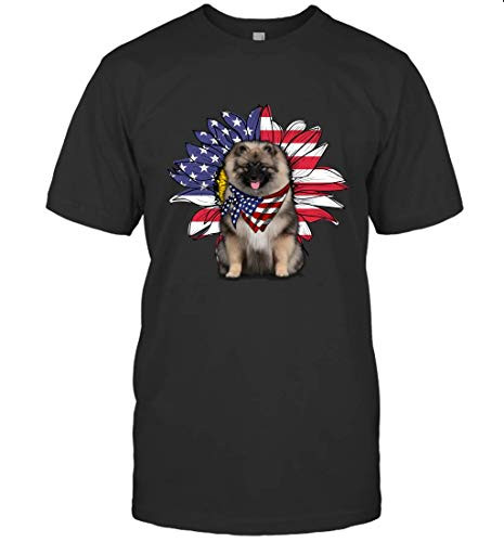 Takatori Naruka Sunflower American Flag Keeshond Dog Lovers Gift T-Shirt -Black-L-