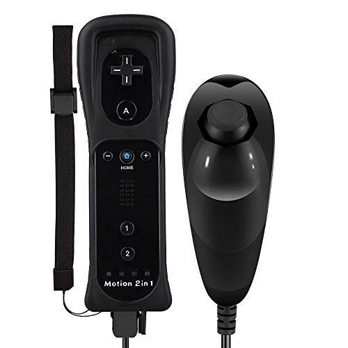 Wii Motion Plus Controller Uniway Wireless Wii Remote Controller and Nunchuck Joystick with Build-in Motion Plus Silicone Case and Wrist Strap for Nintendo Wii-Wii U -Black