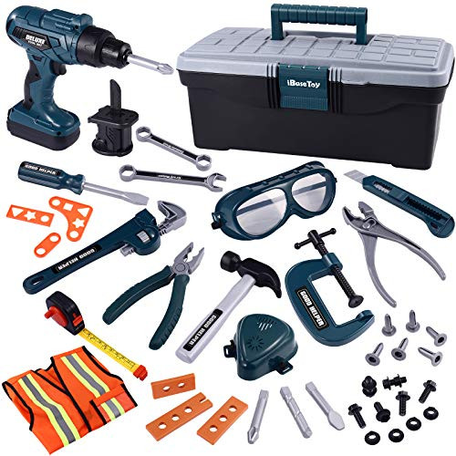 iBaseToy Kids Tool Set Upgraded Play Tool Toy Construction Tools Electric Tool Playset 45PCS Pretend Play Tool Toy Kit with Electronic Cordless Drill Toddler Tool Set and Tool Kit for Kids