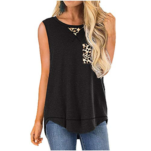 Simayixx Women's Sleeveless Tank Top O-Neck Casual Loose T-Shirts Blouse Tunic Tops with Leopard Print Patchwork Black