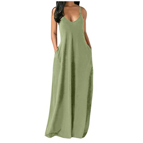 Women's Summer Dresses Casual Sleeveless O Neck Sexy Solid Print Spaghetti Strap Plus Size Dress Beach Cover Up Long Cami Maxi Dress with Pockets