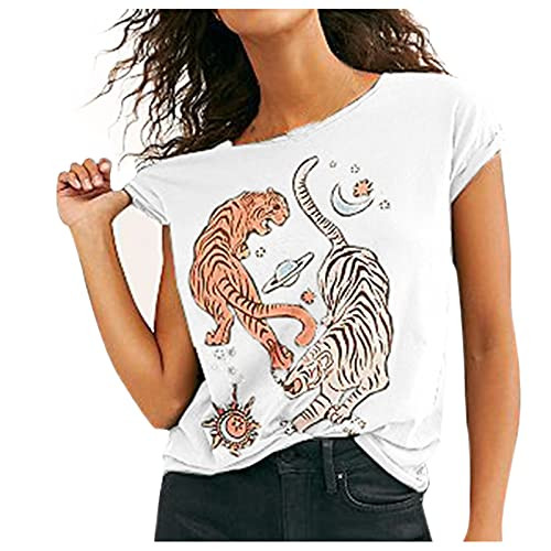HHoo88 Women Summer Loose Casual Funny Tiger Printing Short Sleeve O-Neck Blouse Tops Funny T-Shirt Tee Shirts White