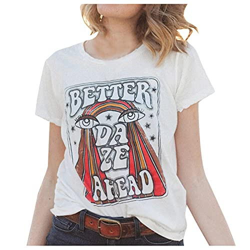 HHoo88 Women Summer Funny Printed Loose Blouse Casual Short Sleeve O-Neck Blouse Tee Tops Casual T-Shirt White