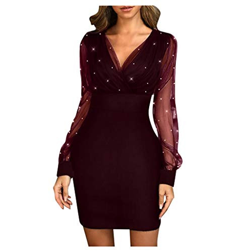 IXnzadn Women's Mesh Sheer Mini Dresses Sexy Sequins Long Sleeve V Neck Waist Slim Dress Fashion Bodycon Pencil Dress -Wine L- IXnzadn Women's Mesh Sheer Mini Dresses Sexy Sequins Long Sleeve V Neck Waist Slim Dress Fashion Bodycon Pencil Dress -Wine L-