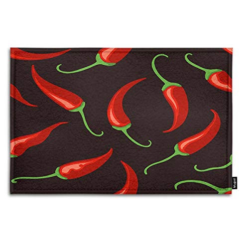 Mugod Red Chilli Pepper Indoor-Outdoor Doormat Tabasco Chilli Spices Pepper Black Seamless Pattern Funny Doormats Bathroom Kitchen Decor Area Rug Non Slip Entrance Door Floor Mats 18" X 30"