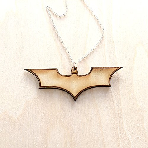 Batman inspired laser etched and cut from birch with 18 inch sterling silver chain Necklace