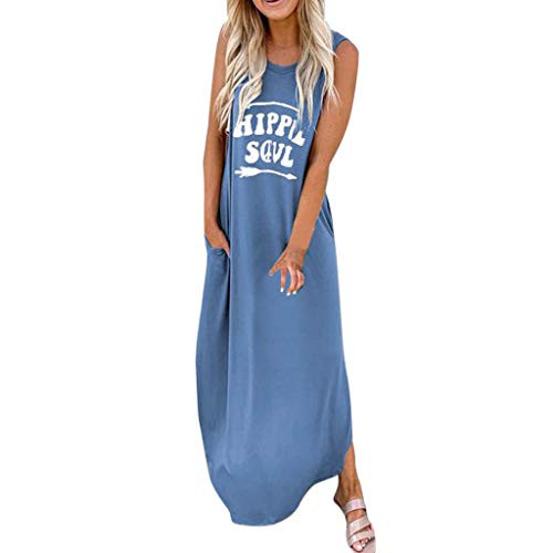 GDJGTA Dress for Womens Summer O-Neck Sleeveless Letter Printed Casual Daliy Boho Long Maxi Dress Blue GDJGTA Dress for Womens Summer O-Neck Sleeveless Letter Printed Casual Daliy Boho Long Maxi Dress Blue