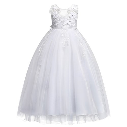 Lace Flower Girls First Communion Wedding Party Dresses Junior Bridesmaid Princess Long Pageant Ball Gowns for Kids Birthday Big Girls Formal Prom Christmas Dance Floor Length Tulle Dress White 13-14Y