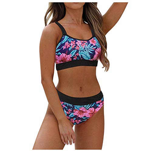 Women's Tankini Swimsuit High Waisted Two Piece Bikini Athletic Swimwear Vintage Retro Halter Ruched-LMulticolor-