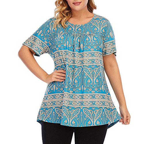 Women's Oversized Tops Casual Short Sleeve O Neck Summer Tshirts Fashion Print Tunic Tops Loose Blouse Tops Plus Size Blue