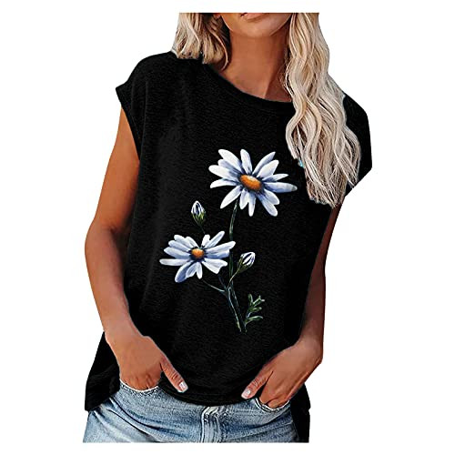 Women's Summer Tops Casual Short Sleeve O Neck T Shirts Fashion Daisy Print Tee Blouses Loose Solid Color Tunic Tops Black