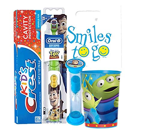 Toy Story 4pc Bright Smile Oral Hygiene Bundle Turbo Spin Toothbrush Toothpaste Brushing Timer  and  Mouthwash Rinse Cup Plus Dental Gift Bag  and  Tooth Saver Necklace