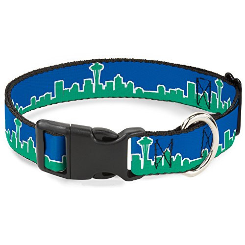 Buckle-Down Plastic Clip Collar - Seattle Skyline Blue-Green - 1.5" Wide - Fits 18-32" Neck - Large