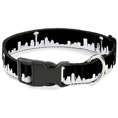 Buckle-Down Plastic Clip Collar - Seattle Solid Skyline Black-White - 1.5" Wide - Fits 18-32" Neck - Large