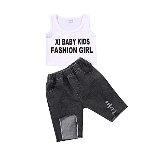 Toddler Baby Girl Summer Clothes Outfits Set Off Shoulder White Lace Tops Shirt Denim Shorts-Long Pants Ripped Jeans 2Pcs -White8 13-15 Years-