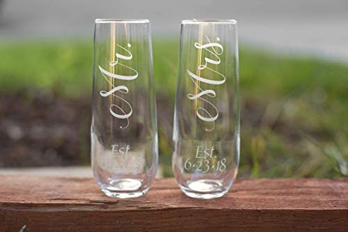 Mr and Mrs Stemless Champagne Flutes with Established Date Set of 2