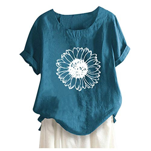 ZSBAYU Plus Size Women Short Sleeve Cotton Linen O-Neck Floral Print Blouse Top T-Shirt Loose Casual Tunic Pullover Blue