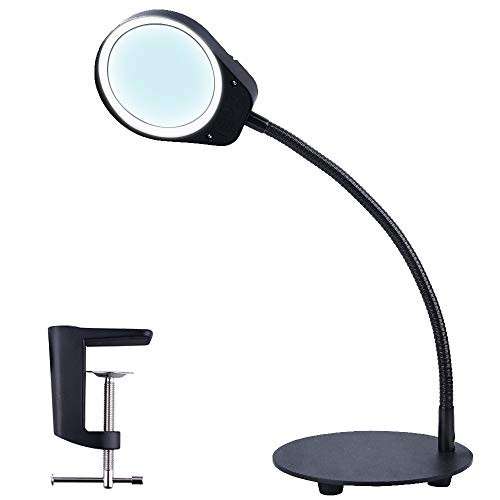 LED Magnifying Glass with Light - Zeagma Dimmable 2 in 1 Super Bright Clamp Table & Desk Lamp, Lighted Magnifier with Stand & Clamp - for Reading, Crafts, Sewing, Workbench - Black