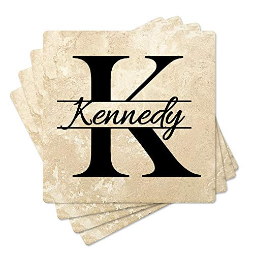 Krebs Personalized Family Monogram Coaster Set of 4-4" USA Real Travertine Stone  Custom Wedding Gifts for Couple Housewarming Anniversary Present Man Cave Office Design 9