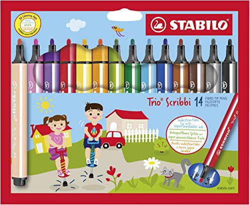 STABILO Trio Scribbi Triangular Felt Tip Pen - Assorted Colours -Pack of 14-