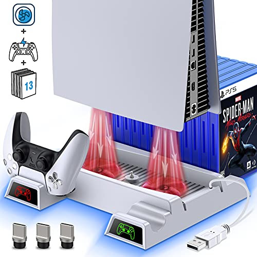 Kydlan PS5 Stand Vertical Stand Cooling Fan Station for Playstation 5 Disc  and  Digital PS5 Cooling Stand Accessories with Dual Controller Charging PS5 Orginazer with 13 Game Slots  and  3 USB 2.0 Ports