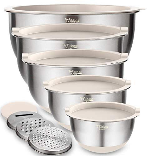 Mixing Bowls Set of 5 Wildone Stainless Steel Nesting Bowls with Khaki Lids 3 Grater Attachments Measurement Marks and Non-Slip Bottoms Size 5 3 2 1.5 0.63 QT Great for Mixing and Serving Mixing Bowls Set of 5 Wildone Stainless Steel Nesting Bowls with Khaki Lids 3 Grater Attachments Measurement Marks and Non-Slip Bottoms Size 5 3 2 1.5 0.63 QT Great for Mixing and Serving