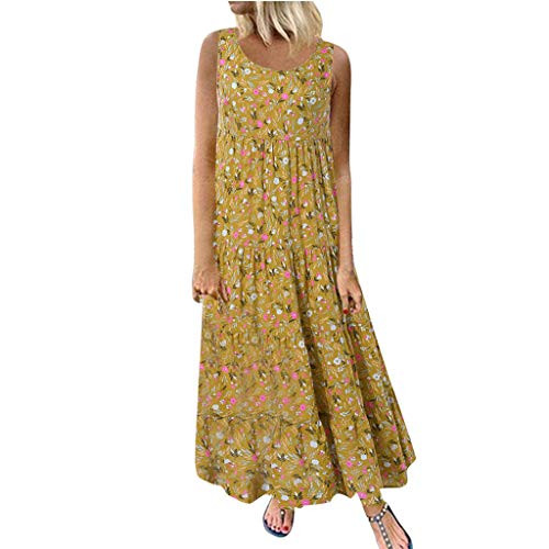 Toimothcn Women Floral Maxi Dress Plus Size Casual Sleeveless Pleated Long Tank Dress-YellowL- Toimothcn Women Floral Maxi Dress Plus Size Casual Sleeveless Pleated Long Tank Dress-YellowL-