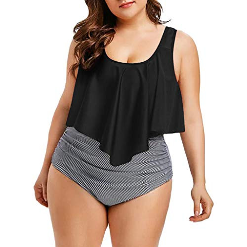 Hotkey Bikini for Women High Waisted Swimsuits Tummy Control Two Piece Tankini Ruffled Plus Size Bathing Suits Swimwear -U-Black 3XL-