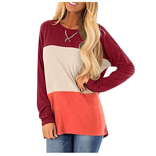 Tunics for Women Long Sleeve Hessimy Women's Long Sleeve Tops O-Neck Patchwork Casual Loose T-Shirts Blouse Tunic Tops Wine Red