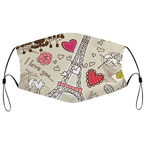 Roupaze Unisex Face Mask Paris Doodles Illustration of Eiffel Tower Hearts Chandelier Flower Love Valentines Vintage Theme Style Beige Pink Face Mouth Cover Balaclavas Bandana for Adults with 16 Filte