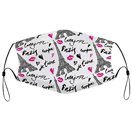 Roupaze Unisex Face Mask Paris Eiffel Tower with Lipstick Valentine's Heart Love Touristic Architecture Black White Pink Face Mouth Cover Balaclavas Bandana for Adults with 16 Filter